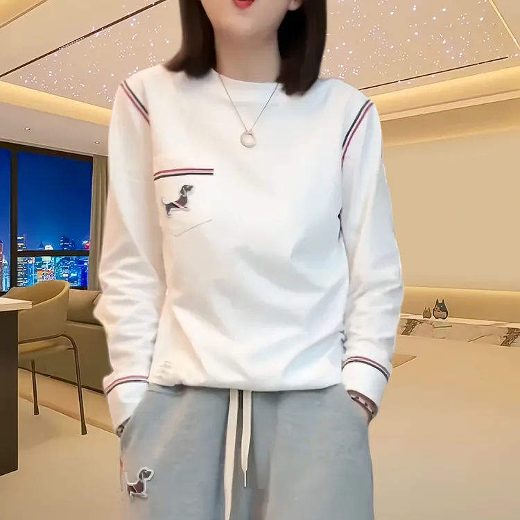 秋季宽松气质刺绣小狗卫衣女士2025新款休闲圆领拼色长袖T恤上衣