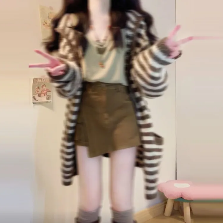 撞色条纹连帽针织开衫女秋冬韩系复古软糯慵懒风宽松毛衣外套上衣