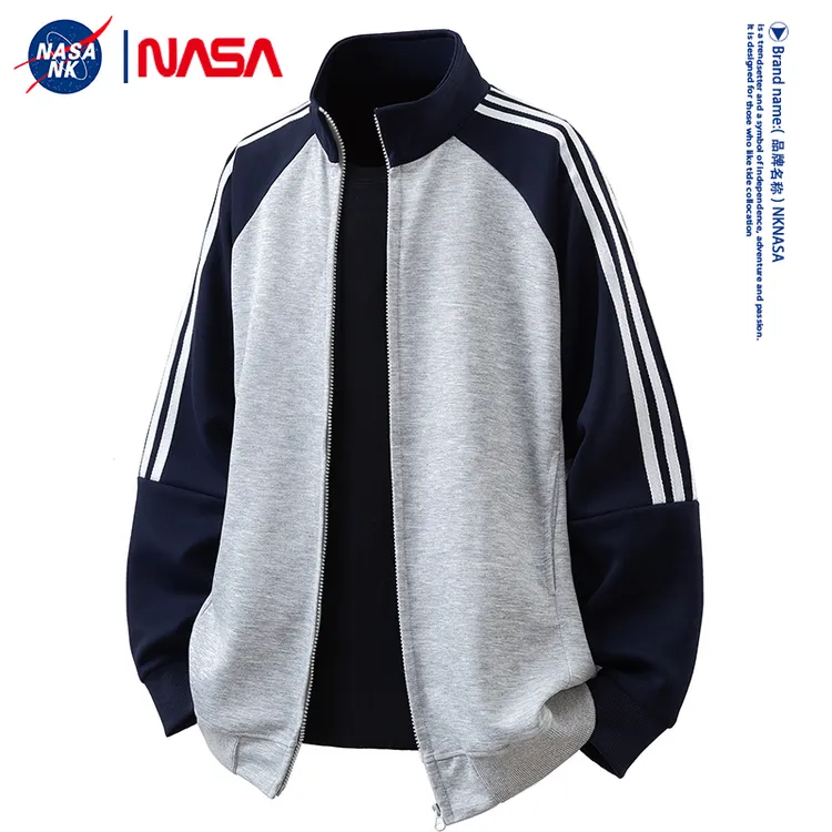 NASA联名美式复古拼接撞色开衫卫衣男女同款秋季简约休闲立领外套