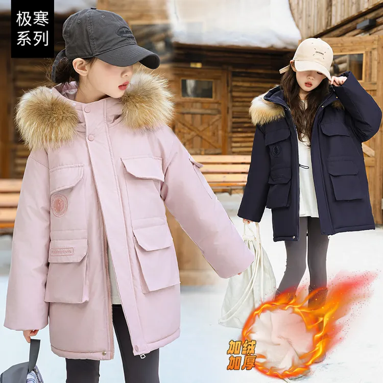 女童加绒加厚大毛领派克服冬季2025新款中大童休闲中长款保暖棉衣