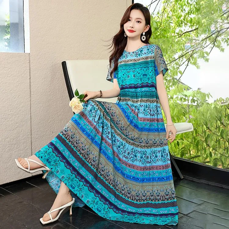 年轻妈妈棉绸连衣裙女夏季新款洋气高级感度假风沙滩裙大摆长裙子