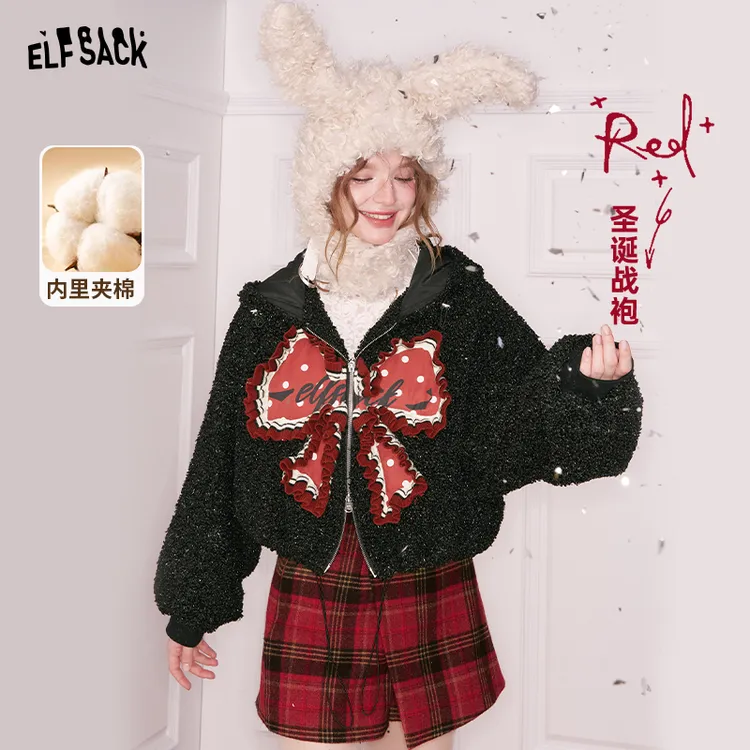 妖精的口袋亮丝毛绒夹棉厚外套女2025年冬季新款大蝴蝶结圣诞穿搭