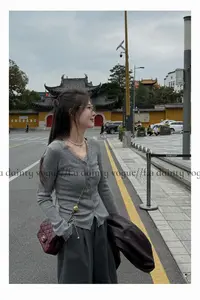 F.A[蕾丝灰调]V领修身长袖毛针织衫女百搭时尚蕾丝花边打底常规