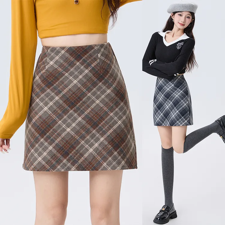 气质复古毛呢格子半身裙女秋冬2025新款韩版高腰百搭包臀a字短裙