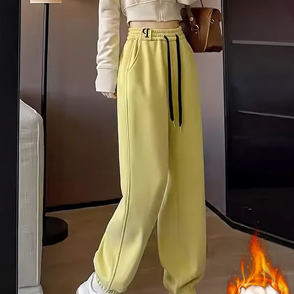 欧货黄色加绒运动卫裤女秋冬2025新款小个子宽松阔腿裤束脚休闲裤