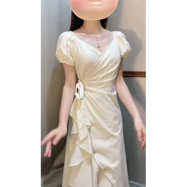 法式不规则泡泡袖V领连衣裙女夏季设计感海边度假收腰时尚长裙子
