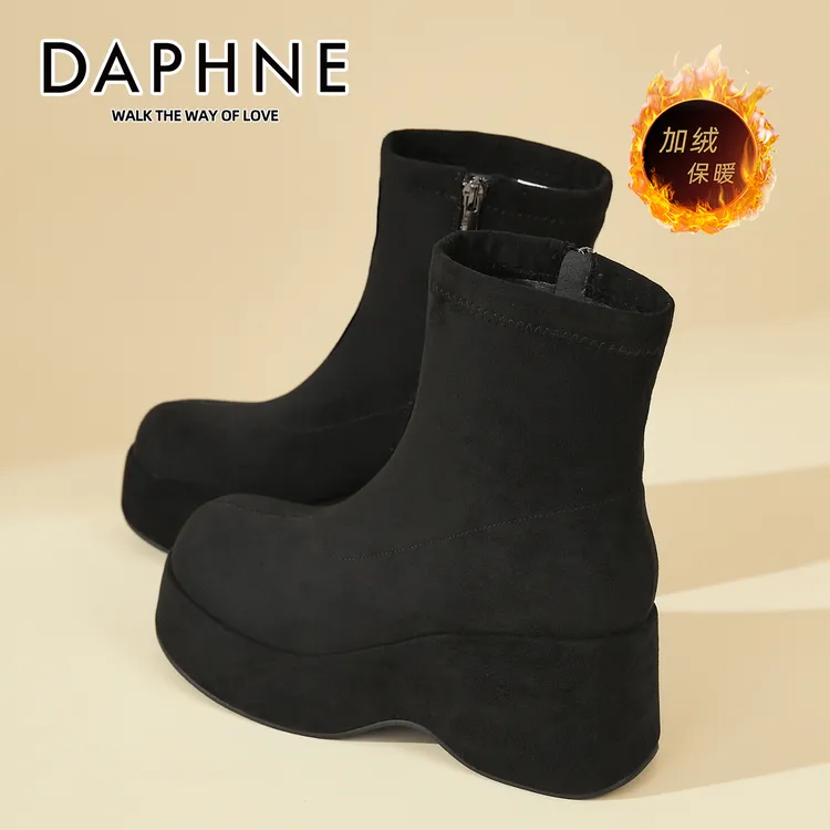 达芙妮厚底短靴女款新冬季加绒马丁靴高级感绒面瘦瘦靴黑色靴子
