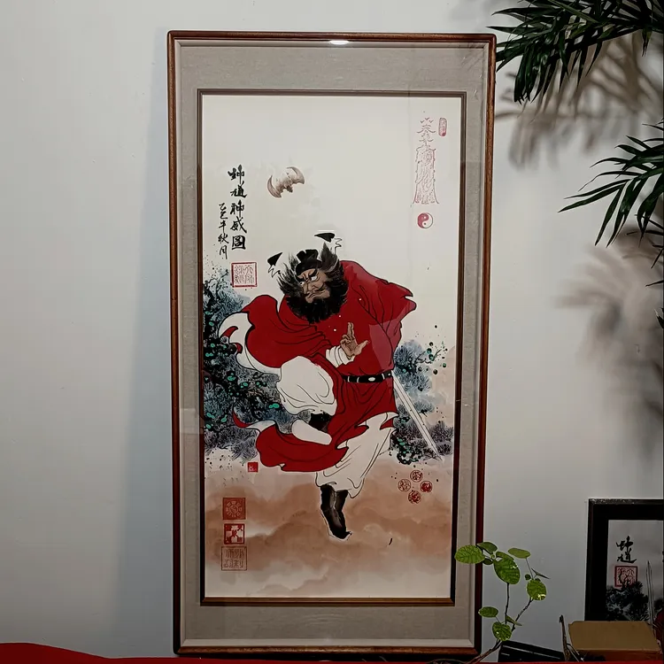 钟馗朱砂画像挂画纯木画框玄关客厅装饰画62cmx122cm