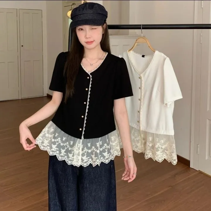 2025夏季新胖mm大码法式蕾丝拼接衬衫高级感小香风上衣出游服装女
