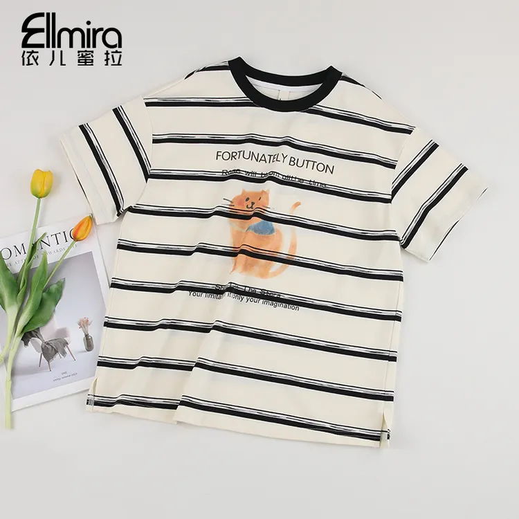 9172女童条纹短袖t恤T夏季宽松儿童上衣2025新款大童洋气薄潮流 