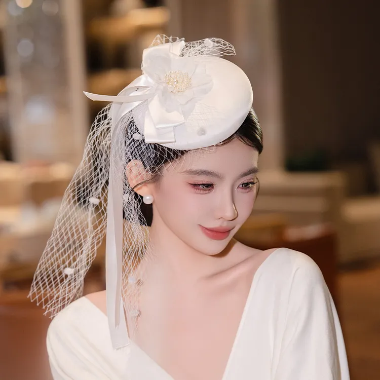 非金属布艺婚庆饰品 新款新娘发饰网纱飘带礼帽造型配饰品MC3118