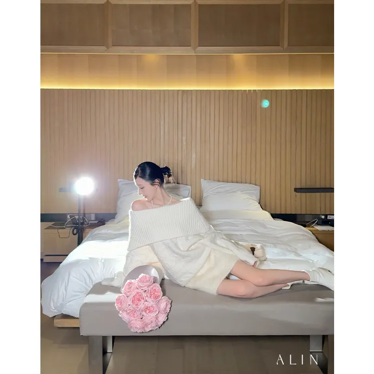 阿琳ALIN【小幸运】冬羊驼毛绵羊毛混纺毛衣女一字肩绞花纹理针织衫