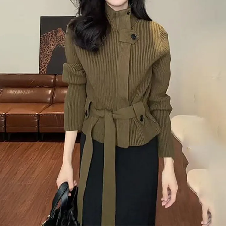 老钱风复古绿立领毛衣外套女秋冬新款韩系气质收腰系带针织衫上衣