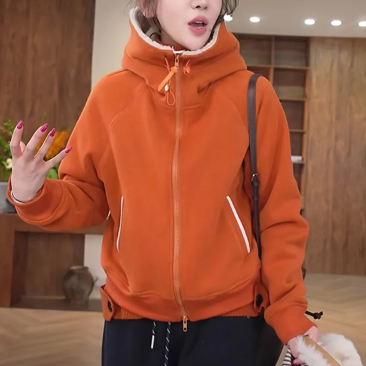 秋冬新款橘色拉链连帽卫衣女慵懒时尚减龄显瘦颗粒绒加厚外套上衣