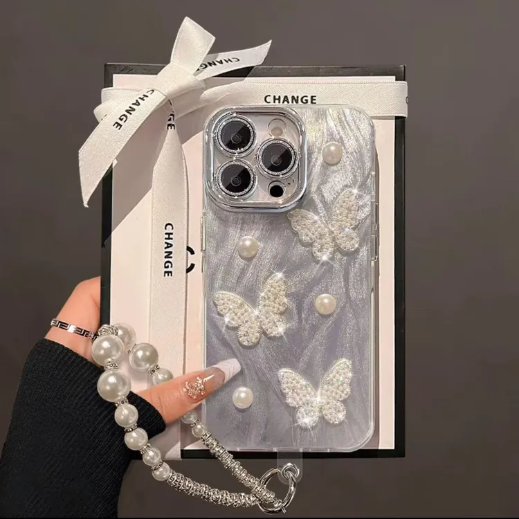 蝴蝶公仔适用苹果15华为vivo/oppo小米iPhone16精孔羽纱纹手机壳