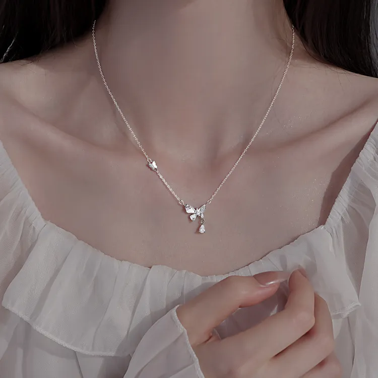 坠链均足银锆石 999足银蝴蝶水滴项链女2025新款爆款锁骨链毛衣链