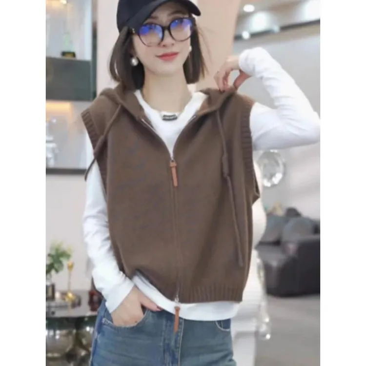 时尚气质百搭针织连帽马甲女开衫女秋冬抽绳叠穿坎肩针织帽衫马夹