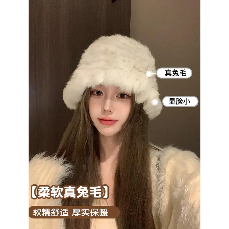白色兔毛帽子女2025新款冬季保暖护耳针织毛线帽大头围毛绒渔夫帽
