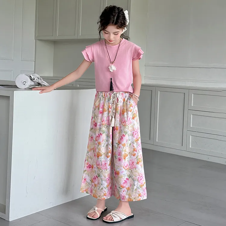 女童套装夏季2025新款6-12岁15大童女孩短袖夏装宽松阔腿裤两件套