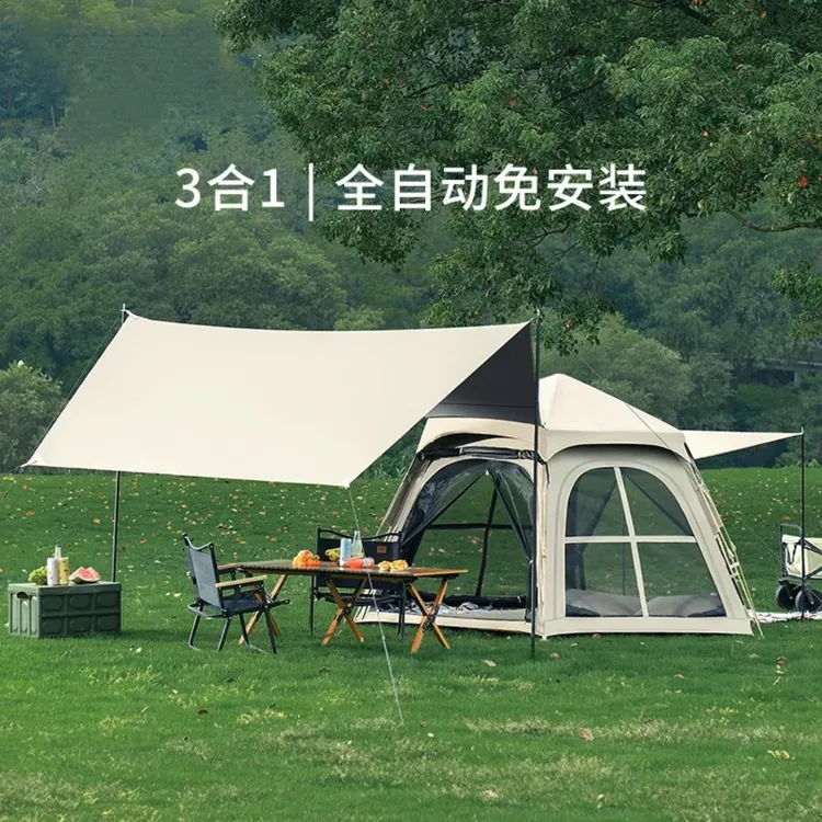 趣创户外六角帐篷户外露营自动便携式折叠野营黑胶防晒加厚防雨