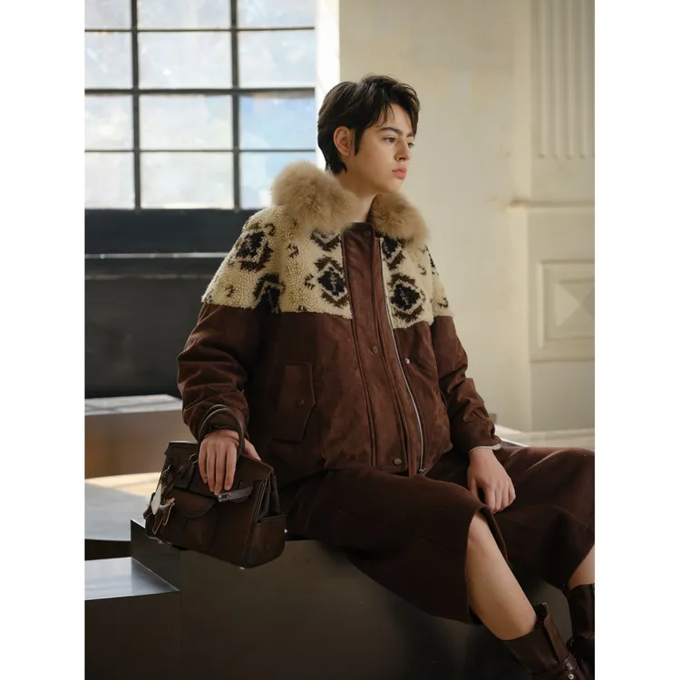 AELE费尔岛提花皮草狐狸毛领拼接短款宽松鹅绒夹克 Y855 3956 AD