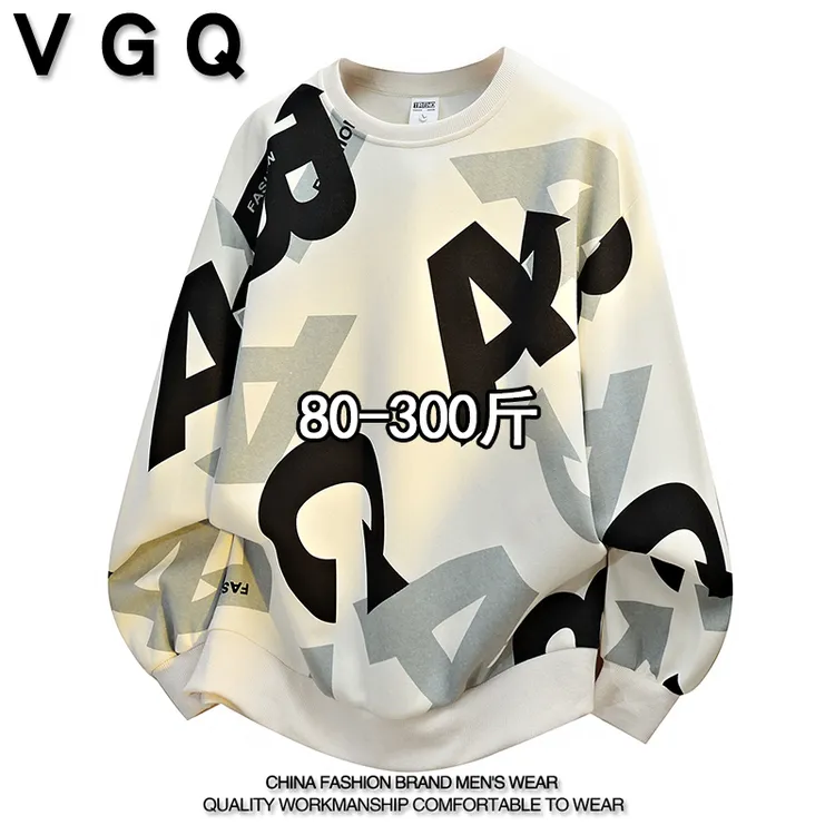 VGQ胖男生提花卫衣秋季加肥加大宽松百搭套头上衣潮流休闲长袖T恤