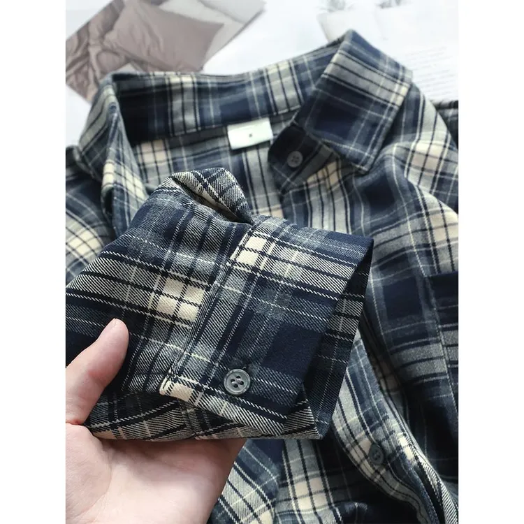 韩系藏蓝色格子衬衫！重磅磨毛衬衣男早春松弛感休闲宽松衬衣外套