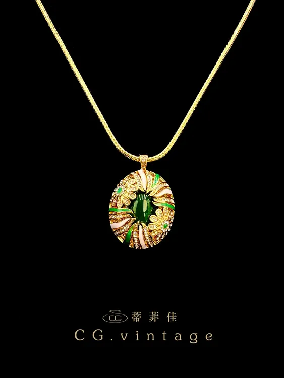 铜合金合成锆石项链 【0146】手工气质时尚绿色复古vintage镶嵌