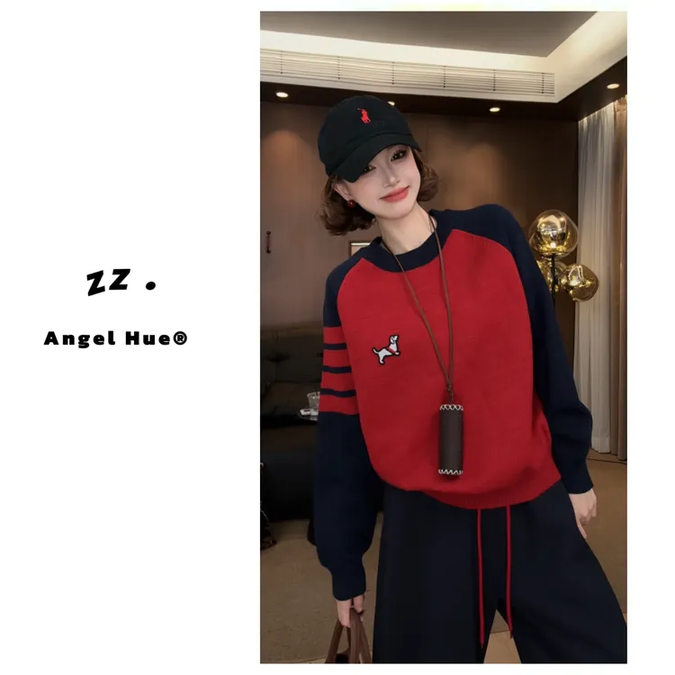 zz ·圆领拼色刺绣小狗毛衣上衣女秋冬英伦风宽松撞色针织衫2062
