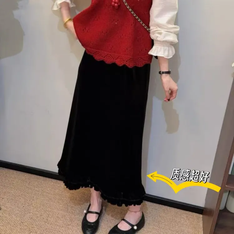 「小香风丝绒裙」气质木耳边松紧腰后开叉半身裙中长裙