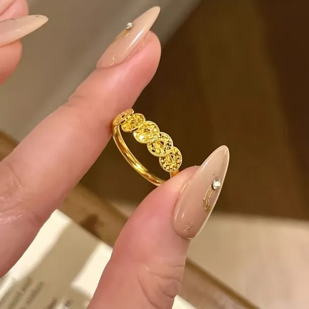 铜合金戒指 新中式五帝钱戒指女可调节精致轻奢铜钱戒指百搭指环