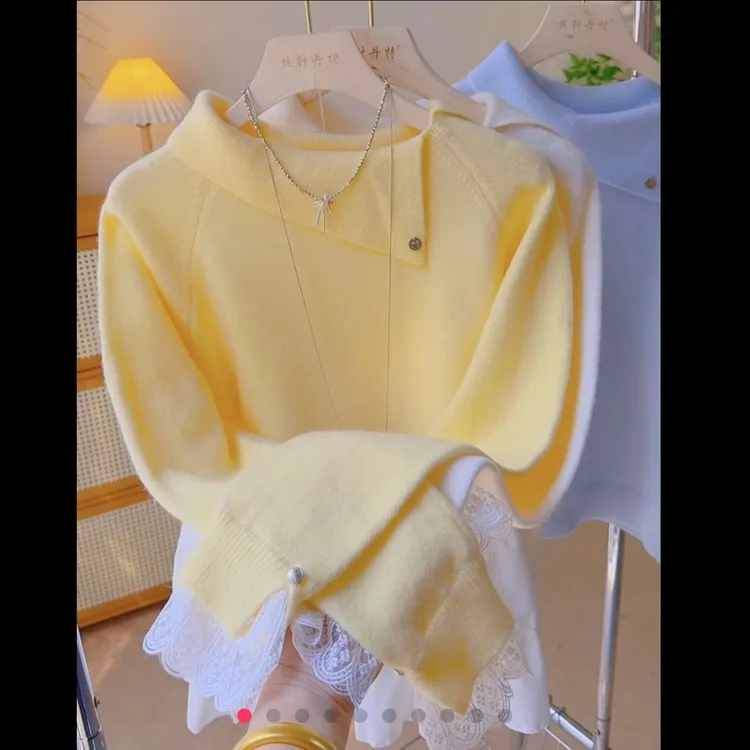 Cs273翻领不规则设计感毛衣新款袖口拼接蕾丝温柔风翻领针织上衣