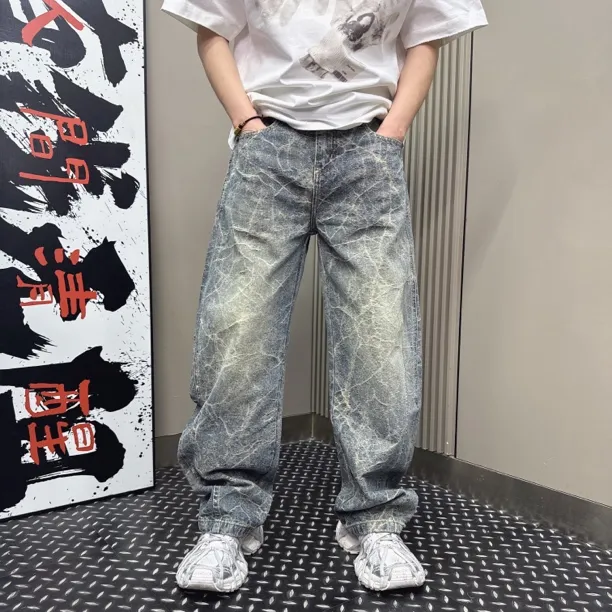 复古水洗提花牛仔裤秋季宽松直筒裤高街潮流休闲长裤男百搭18316