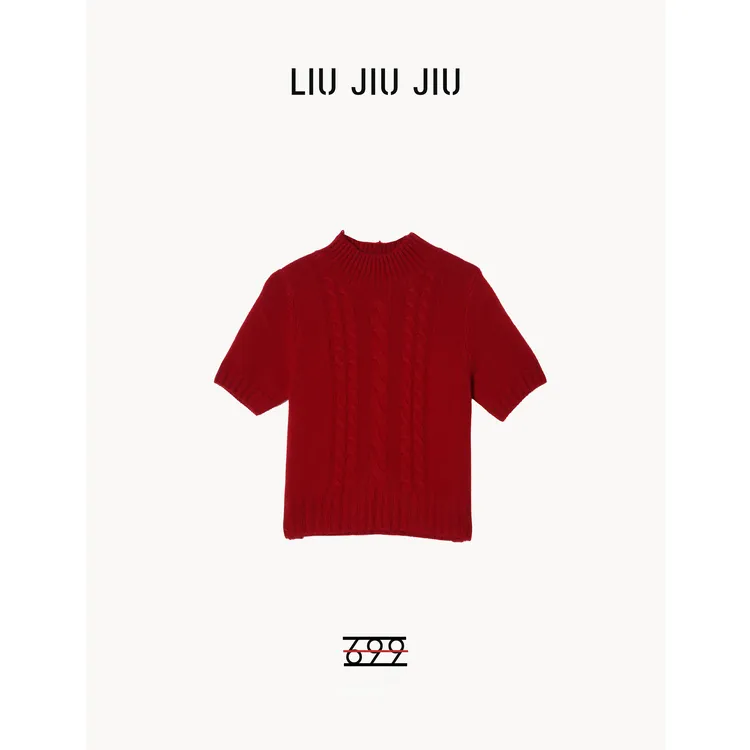 LIUJIUJIU 韩系圆领短袖设计感圣诞红针织简约百搭上衣MY5606L