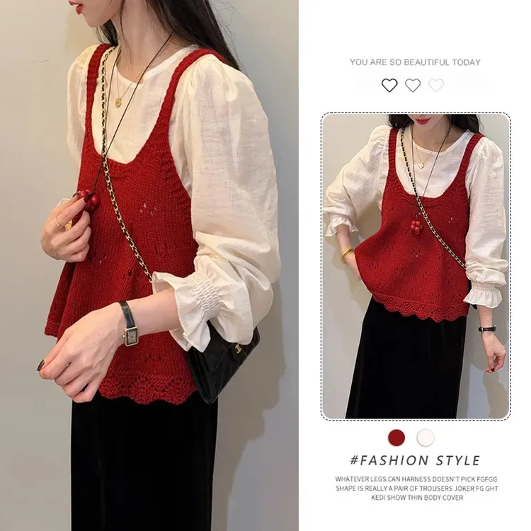 韩系时尚休闲两件套女2025秋季新款长袖衬衫叠穿针织背心套装上衣