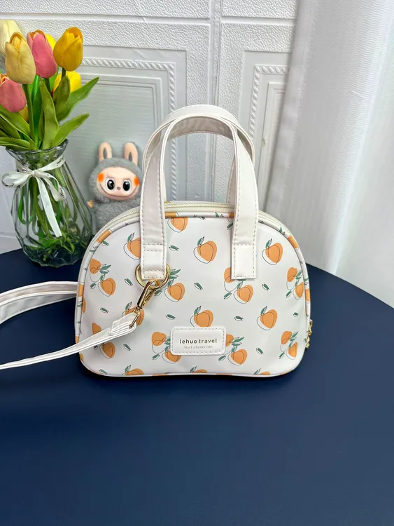 简约风印花手提斜挎两用枕头包饭盒包手拎包复古风化妆包便携款