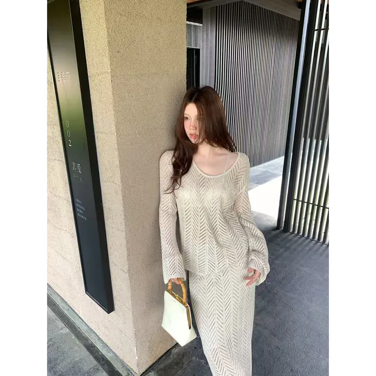 人鱼缪斯高个子入镂空针织套装上衣长袖+半身裙女夏显瘦裙子气质