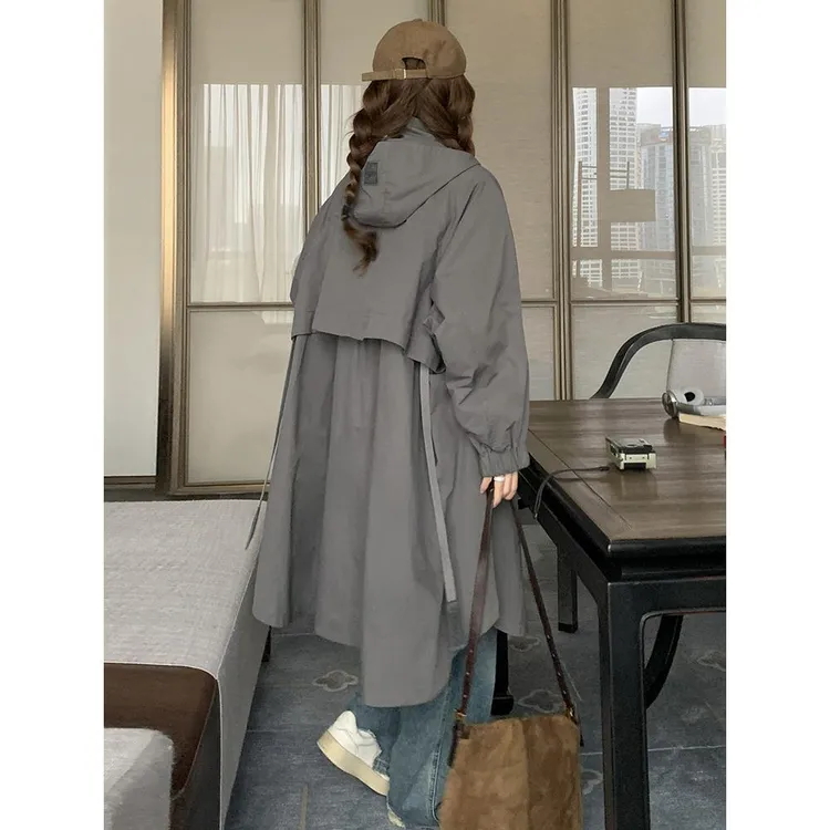 时尚高级感灰色风衣外套女2025春秋新款韩版宽松休闲洋气连帽大衣