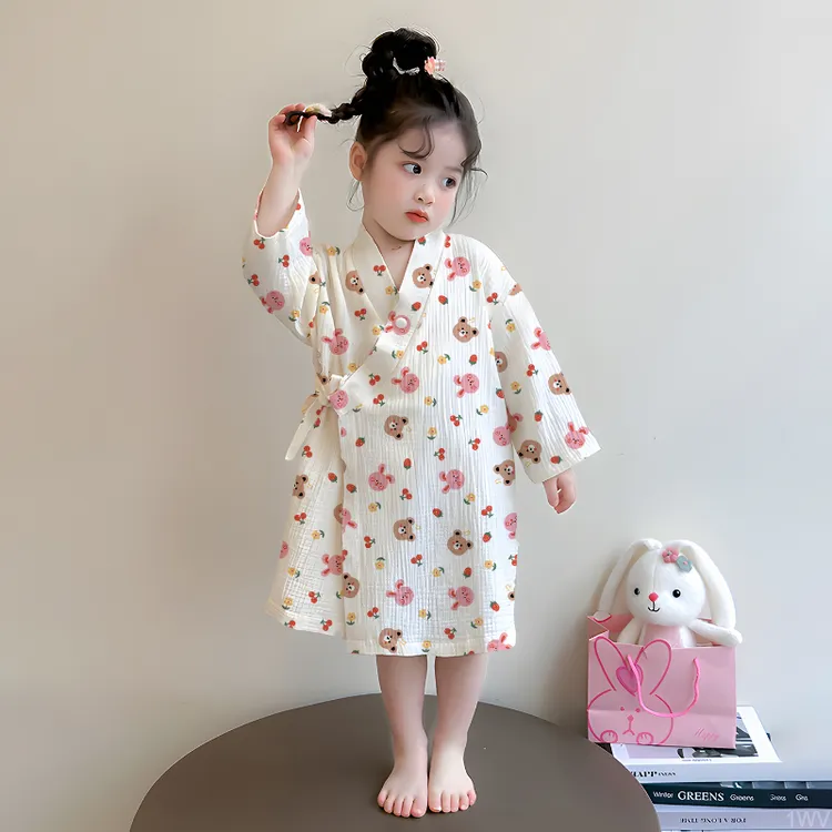 儿童春夏季新款纯棉睡衣宝宝防着凉浴袍双层纱布女童家居服睡袍