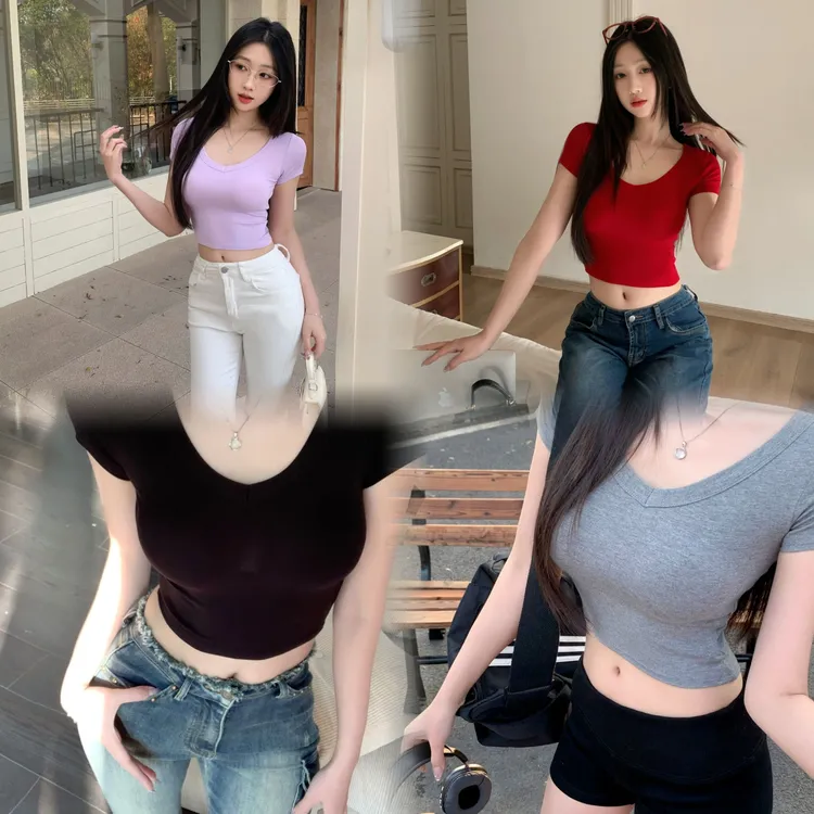 美式辣妹正肩短袖V领短款T恤女夏季修身显瘦露脐高腰T恤上衣