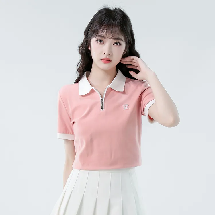 2025夏季新款时尚甜美POLO领字母刺绣T恤女韩版百搭短款短袖上衣