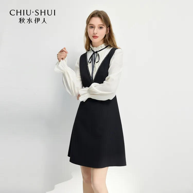 秋水伊人立领连衣裙2025年春季新款女假两件裙子625101E020502