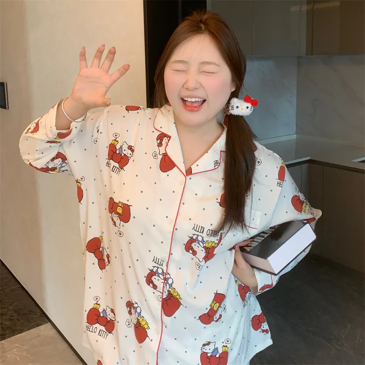 大码胖MM200斤秋季长袖长裤云朵棉波点KT猫ins少女感小翻领睡衣