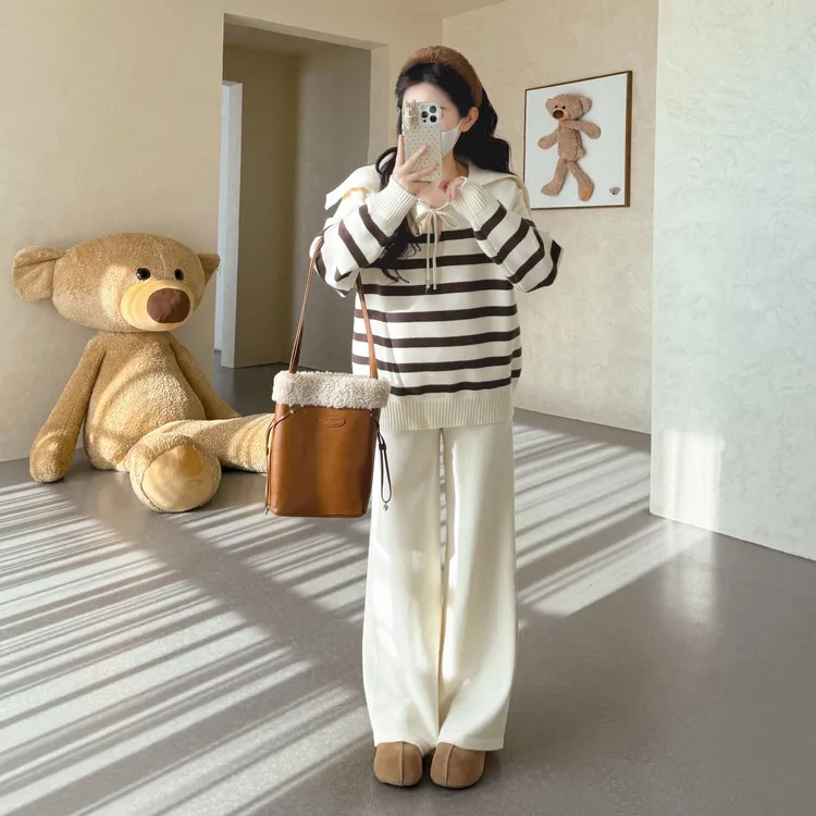 2025秋冬新款女装宽松条纹连帽长袖毛衣百搭气质显瘦阔腿裤子套装
