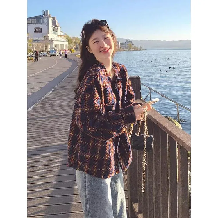 法式高级感格纹小香风短外套女2025春独特好看小个子气质减龄上衣