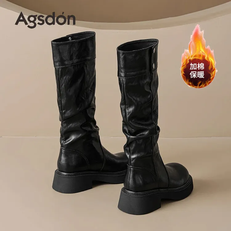 奥古狮登黑色加绒靴子女长筒靴2025秋冬不过膝高筒瘦瘦堆堆长靴xx
