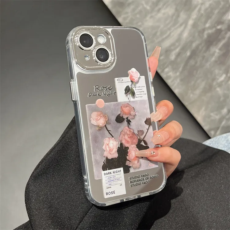 闪钻镜面手机壳适用iphone15/14/13/mate60pro/pura70粉玫瑰
