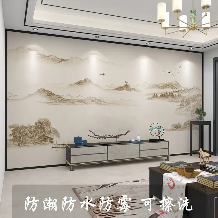 墙纸3d立体中式山水电视背景墙壁布油画壁纸客厅装饰墙布壁画