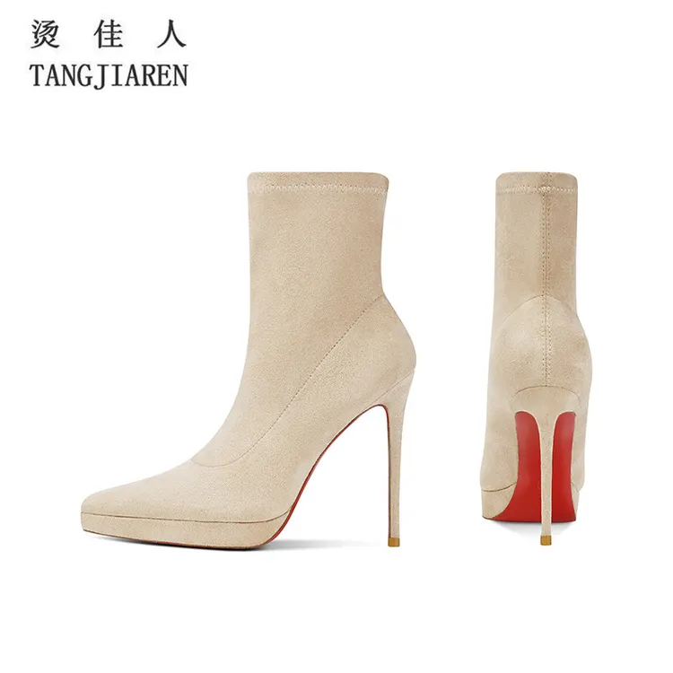 时尚气质防水台弹力靴女细跟性感尖头绒面裸色红底高跟尖头瘦瘦靴