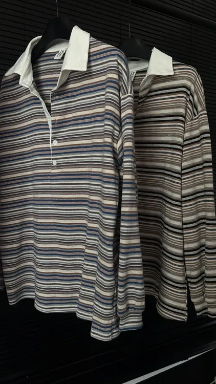 色彩组合撞色条纹翻领长袖T恤 